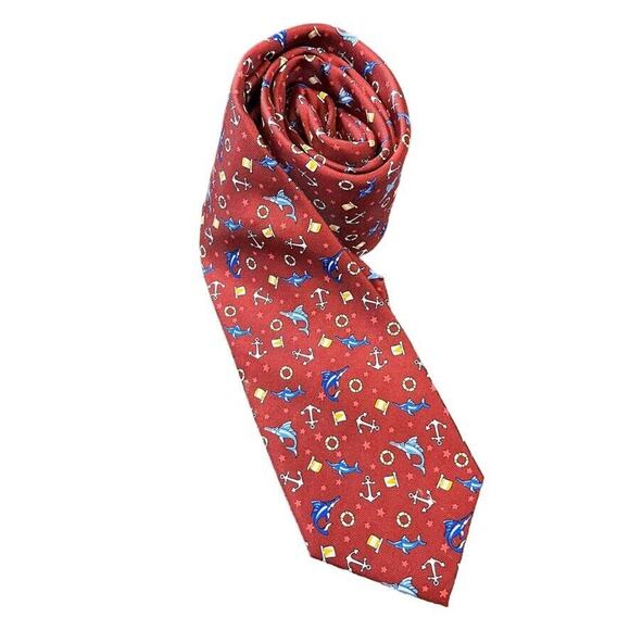 Jos A Bank Joseph 1905 Red Nautical Blue Marlin Mens 100% Silk Necktie Neck Tie - Picture 2 of 16